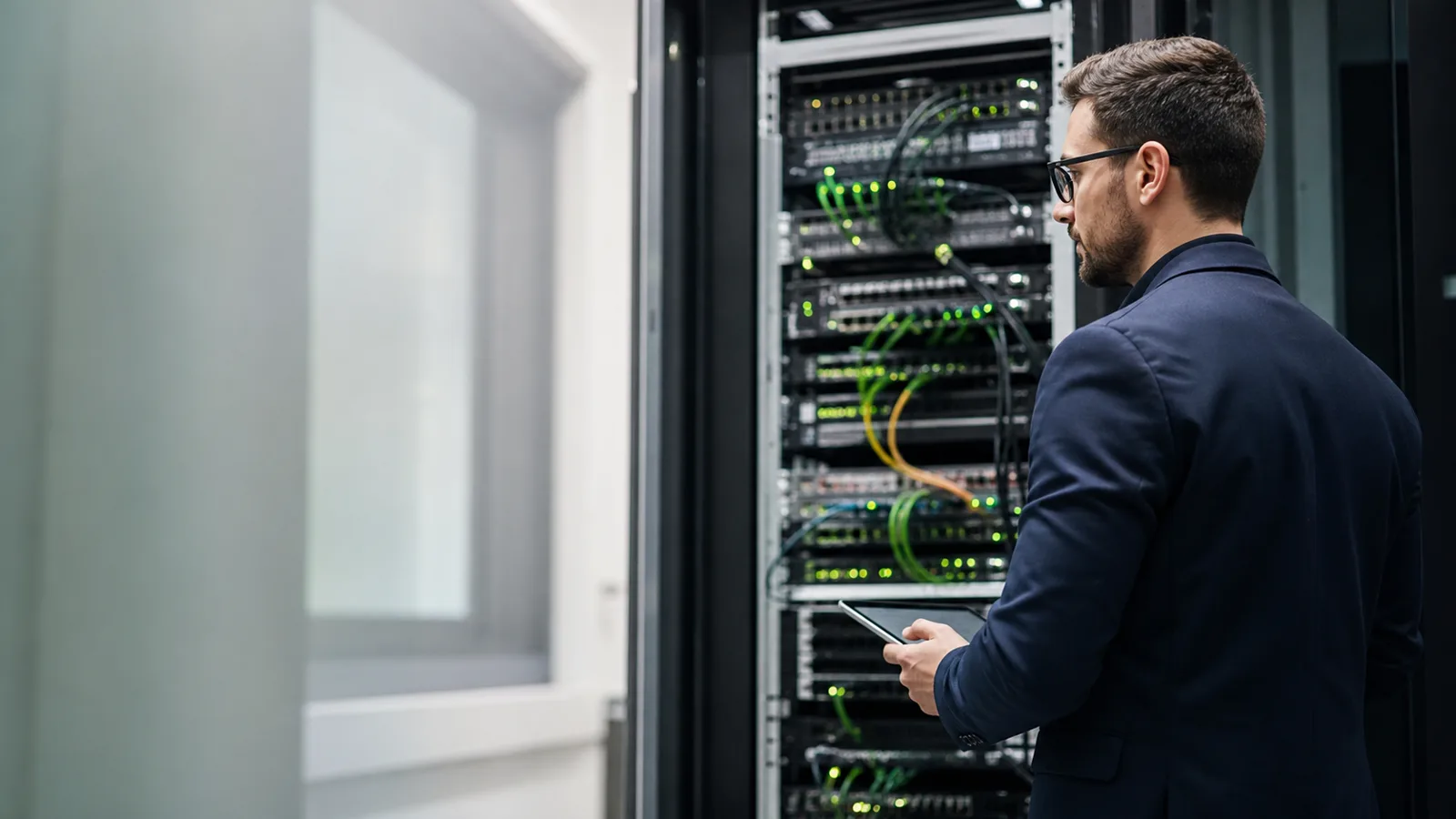 IT-Betreuer bei einem sauber aufgebauten Netzwerk- und Serverschrank